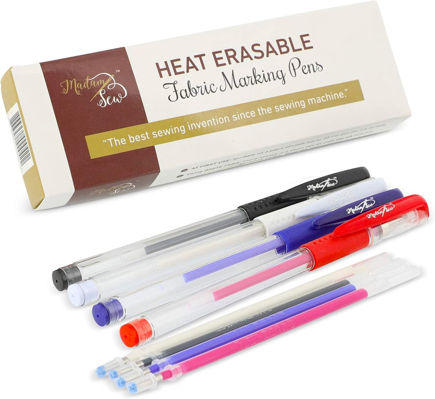 Madam Sew Heat Erasable Fabric Marking Pens for Sewing and Quilting | Fabric Markers for Sewing, Embroidery, Dressmaking with 4 Pens + 4 Refills | No Ghost Lines, Disappearing Ink for Precise Marking