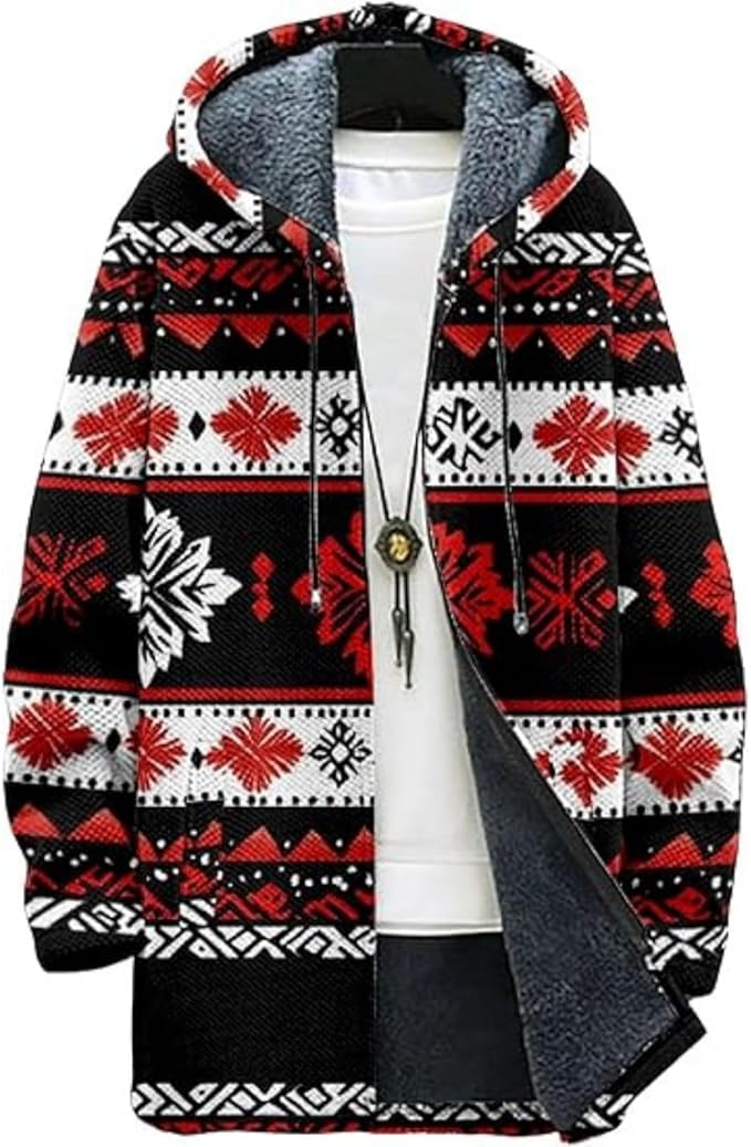 Men's Hooded Sweater Coat Knit Fleece Lined Long Cardigan Jacket with Zip Front Pocket Vintage Casual Zip Up