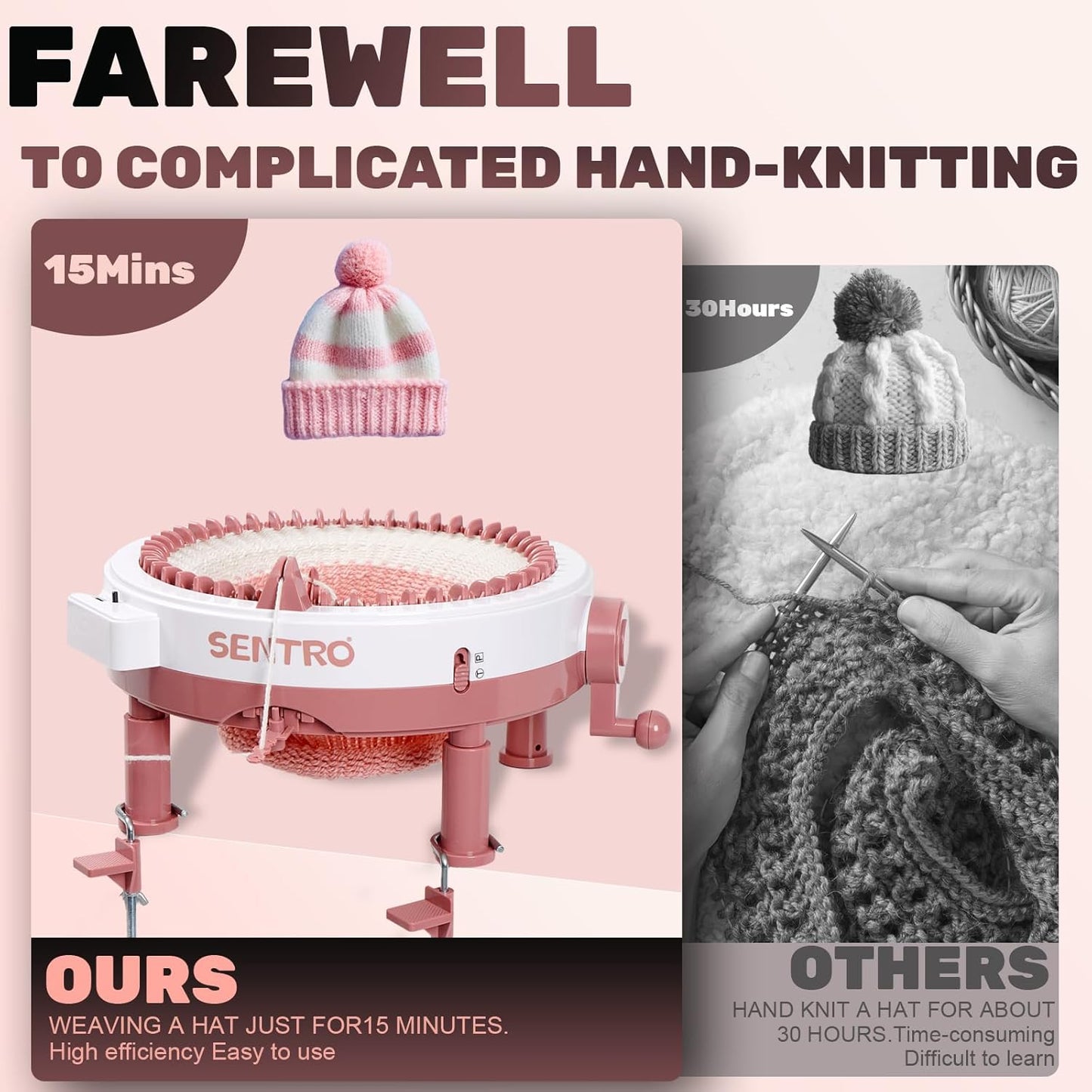 SENTRO Upgraded 48 Needle Knitting Machine, Circle Knit Loom Machine with Row Counter and Hand Crank,Crochet Knitting Loom Machine for Beginners and Seasoned Knitters (Upgraded 48Pink)