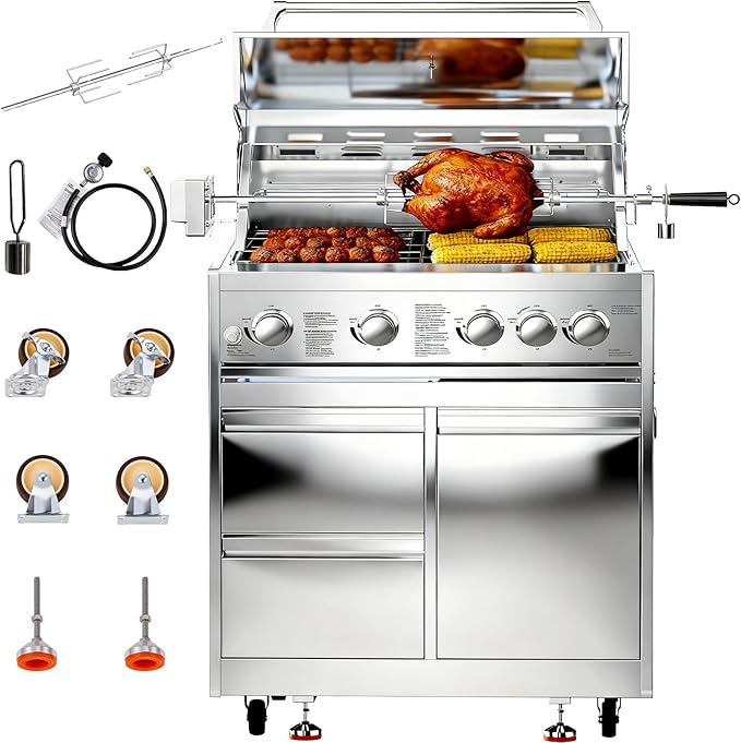 BODEGA 30 Inch 5-Burner Propane Gas Grill with Rotisserie Chicken Fork Kit, 58000-BTU Outdoor Gas Grill for Kitchen, LPG/NG Convertible, Backyard BBQ Grill with Temperature & Rear Infrared Burner.