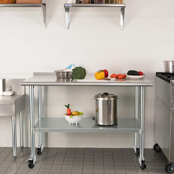 HARDURA Stainless Steel Table 24 x 60 Inches with Wheels Casters NSF Heavy Duty Commercial Prep Table with 2” Backsplash and Adjustable Undershelf for Restaurant Kitchen Home and Hotel