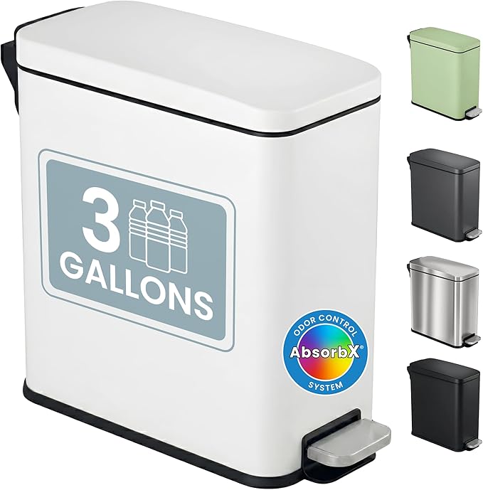 iTouchless 3 Gallon / 11.4 Liter Bathroom Trash Can with Lid, Slim Stainless Steel Step Garbage Can, Soft Close Small Wastebasket with Removable Inner Bucket for Kitchen, Powder Room Dorm, Chalk White