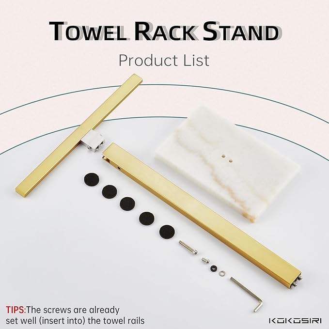 KOKOSIRI Hand Towel Holder Stand Towel Rack with Marble Base for Bathroom Kitchen Vanity Countertop, Gold Stainless Steel 15.7'' Height THS0002-SM-BG