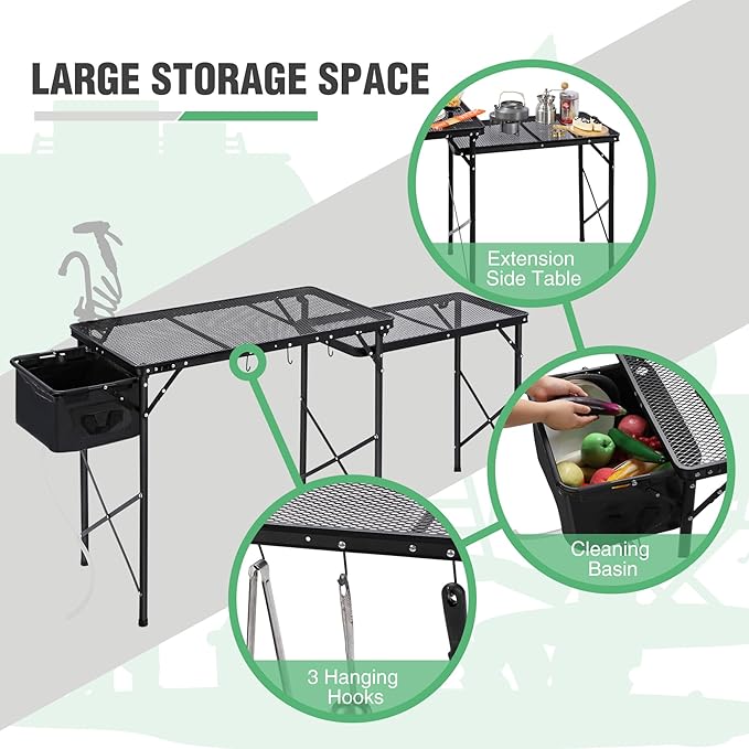 RedSwing Folding Grill Table with Sink and Double Shelf, Multifunctional Portable Stand Table for Outdoor Camping, Picnics, and Barbecues, 69"x20"x31.5", Black