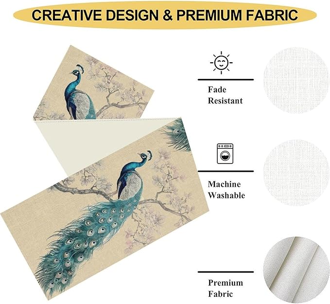 Peacock Table Runner,Retro Rustic Traditional Chinese Style Blossom Branch Table Runner Decor for Home Kitchen Dining Patio Holiday Party Indoor Table Decorations, 13"x108"