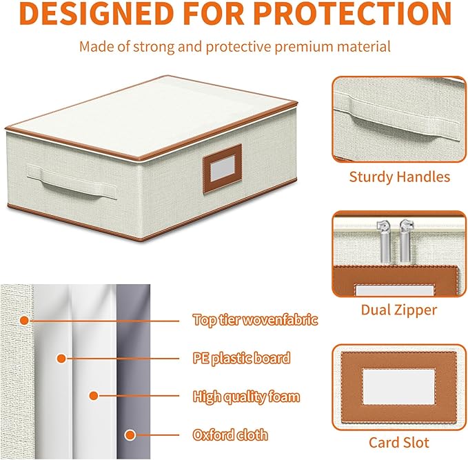 Aokeyee 2-Pack Cup and Mug Storage Box, Hard Shell China Storage Containers - Holds 24 Coffee Mugs, Tea Cups & Glasses, Stackable Organizers with Lid, Handles, Zippers & Label for Moving, Ivory