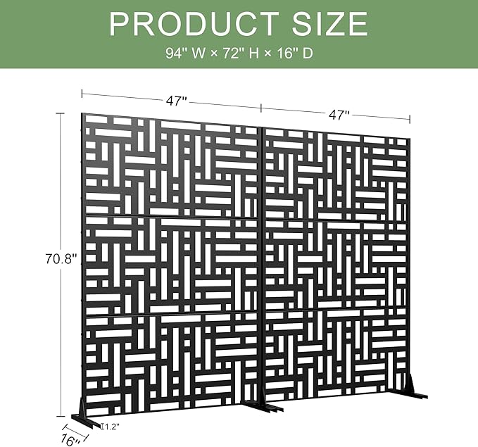 Casaphoria Privacy Screen 72" H x 45" W Metal, 2 Pack Outdoor Freestanding Decorative Divider for Patio & Garden with Stable Base, Black-Helen