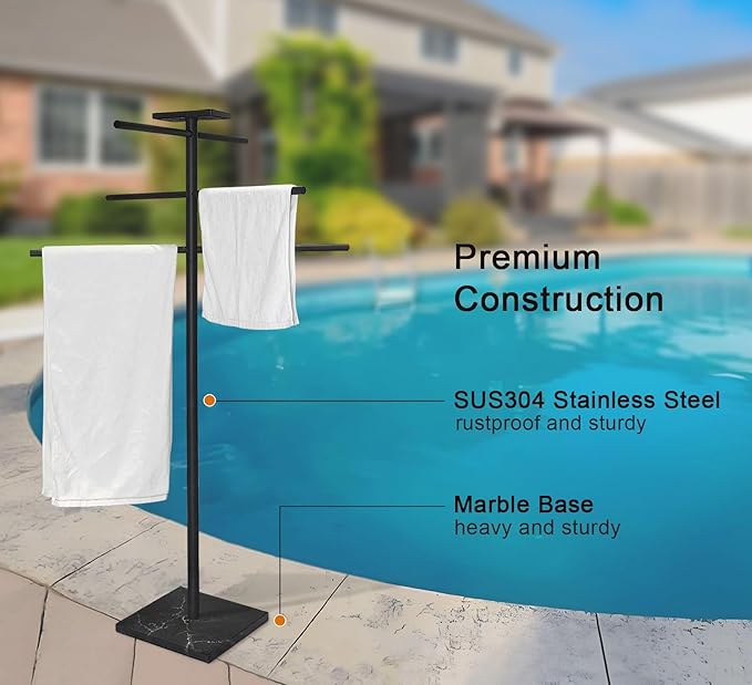 Hot Tub Towel Rack with Tray, 304 Stainless Steel 6 Arms Freestanding Swimming Pool Towel Holder,Black Marble Base Outdoor Bath Sheet Drying Bar for Spa, Hot Tub & Patio