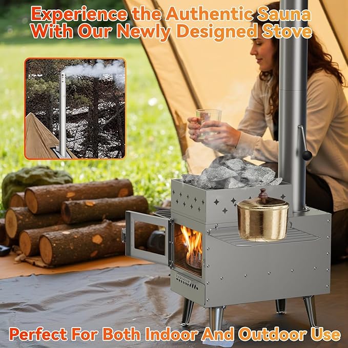 Sauna Hot Tent Stove, Portable Wood Burning Stove for Outdoor Camping with Chimney Pipe for Dry Sauna, Cooking for Family and Friends, Upgraded Heat Concentration System with Sauna Stones Baskets