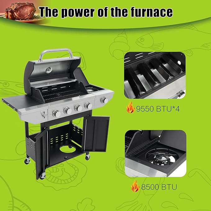 Zateety 4 Burner Propane Grill - 46,500 BTU Gas Grill with Side Burner, Stainless Steel with Iron Cast Grates for Outdoor Cooking, Patio, Camping BBQ, Garden Barbecue Grill, Black and Silver