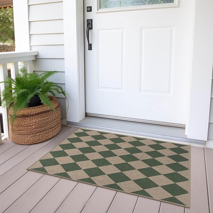 Easy Jute Checkered Entryway Rug, 2x3 Green Modern Indoor Outdoor Doormat, Washable Non-Slip Neutral Small Kitchen Rug Farmhouse Diamond Throw Rugs for Entrance Bedroom Bathroom