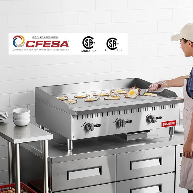 EGGKITPO 36 Inch CSA Certified Commercial Propane/Natural Gas Griddle Manual Controls 90,000 BTU Countertop Flat Top Grill Hot Plate with Independeent Knob 3 Burners Teppanyaki Grill for Restaurant