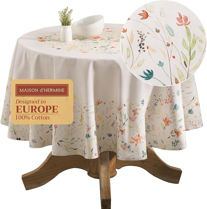 Maison d' Hermine Table Cloth Round Table 100% Cotton 63 Inches Tablecloth Reusable Decorative Everyday Use for Dining Room, Farmhouse, Home, Party, Festive & Wedding Spring Summer - Colmar