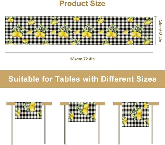 Fresh Lemon Table Runner, Yellow Lemon Black White Buffalo Check Plaid Table Runner for Farmhouse Coffee Home Kitchen Dining 13x70in