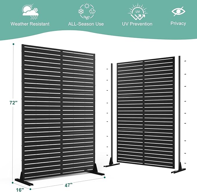 Metal Privacy Screen for Outdoor & Indoor Use, Free Standing Privacy Screen for Patio Garden Pool, 72" H x 47" W Decoative Privacy Panels, Weather Resistant, Easy Assembly (Black Louvered)