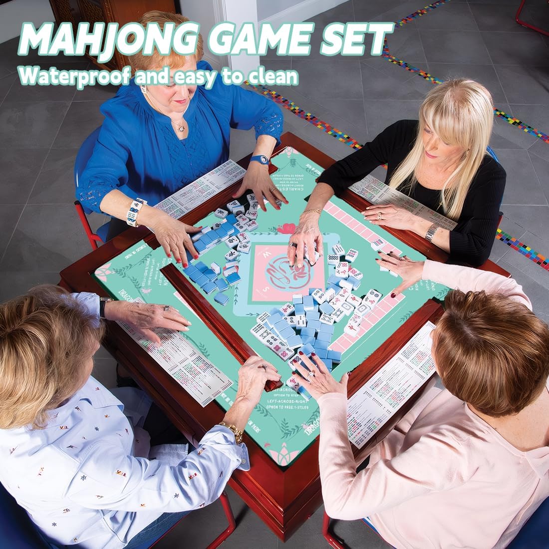 Mahjong Table Mat: 32.4 * 32.4 Inches Non-Slip and Noise-Reducing Mahjong Mat, Suitable for Mahjong, Poker, and Board Games. It Comes with 4 Mahjong Rule Cards, 2 Dice, and 1 Storage Bag.