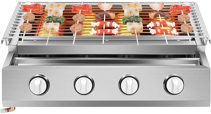 Gas BBQ Grill, Tabletop Outdoor Barbecue Grill with Food Tray Adjustable Height & 4 Independent Temp Control, Portable Stainless Steel Cooking BBQ Griddle For Camping Gatherings and Outdoor Activities