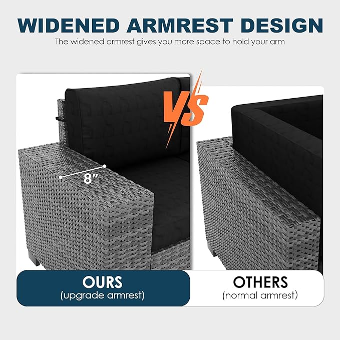 5 Piece Patio Furniture Set with Fire Pit Table, Outdoor Sectional Conversation Sets Grey Wicker Rattan Sectional Sofa for Patio Garden Backyard, 4'' Thickened Cushion Black