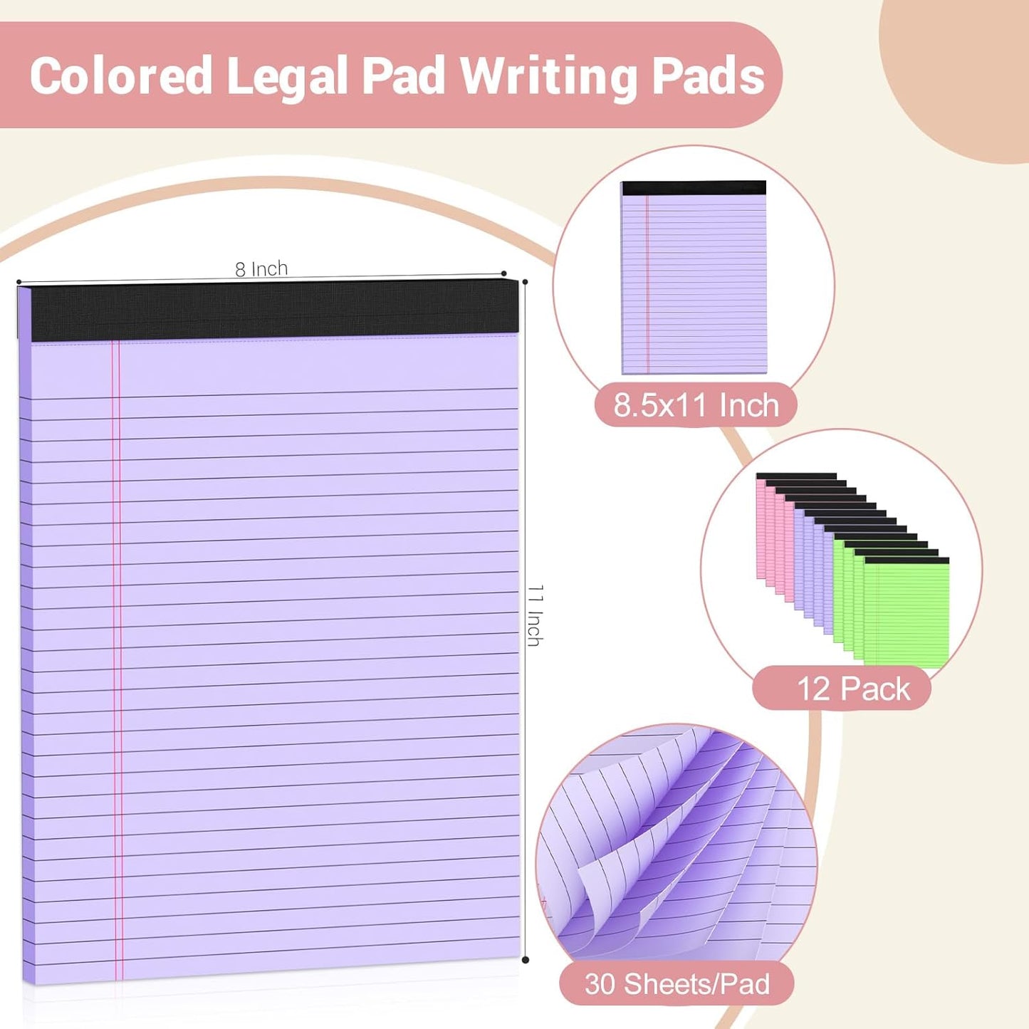 Legal Pads 8.5 x 11 Colored Notepad, 12 Pack Wide Ruled Lined Paper, Micro Perforated Writing Pads, 30 Sheet/Note Pads, Pink Legal Pad 8.5 x 11 Notebook Paper Tablet for School
