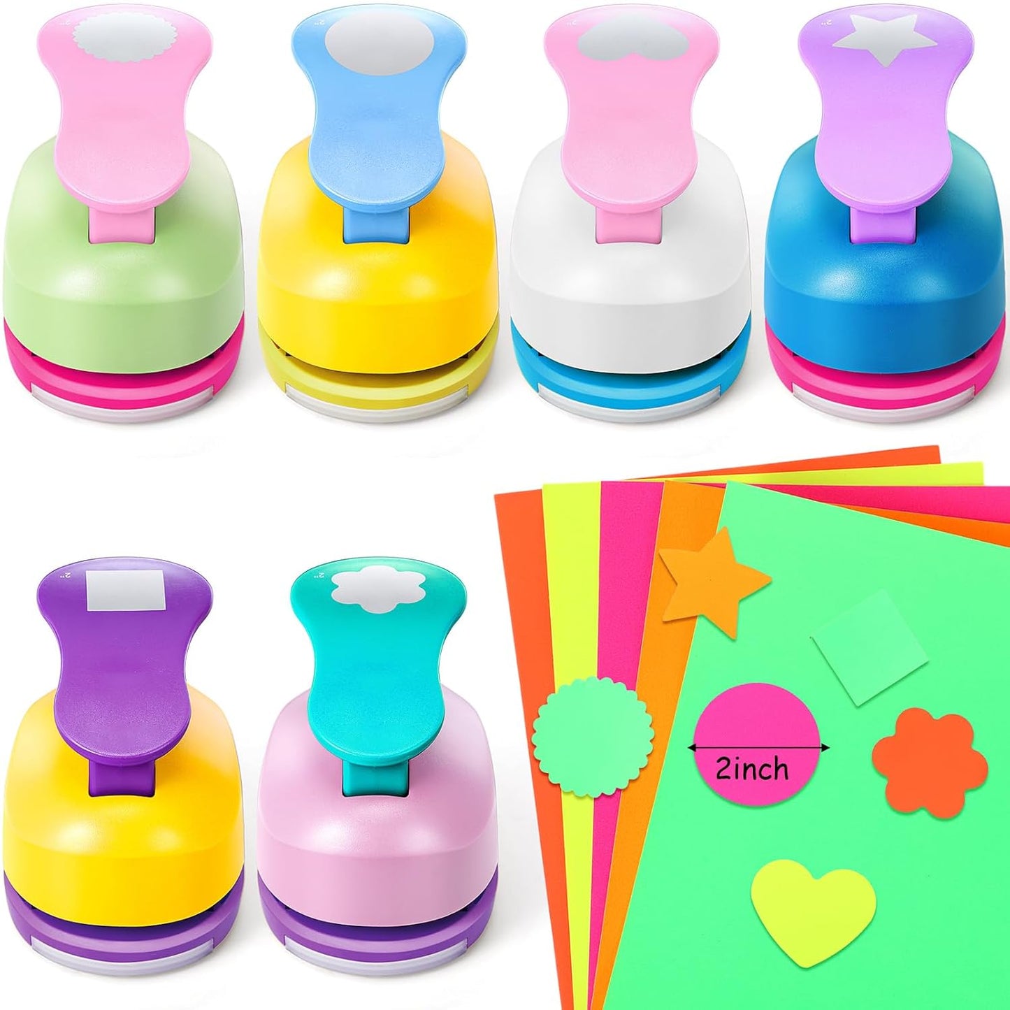 CHENGU 16 Pcs Craft Holes Punch Paper Punchers Scrapbook Punches with Craft Sticker Paper, Round, Star, Square, Heart, Flower, Wave Circle Shape(2 Inch,Multiple Styles)