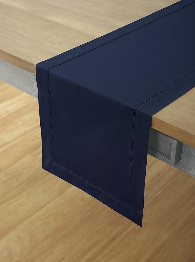 Solino Home Navy Blue Table Runner 144 Inches Long - Cotton Linen Hemstitch Extra Long Table Runner 14 x 144 Inch for Winter, Spring, Easter