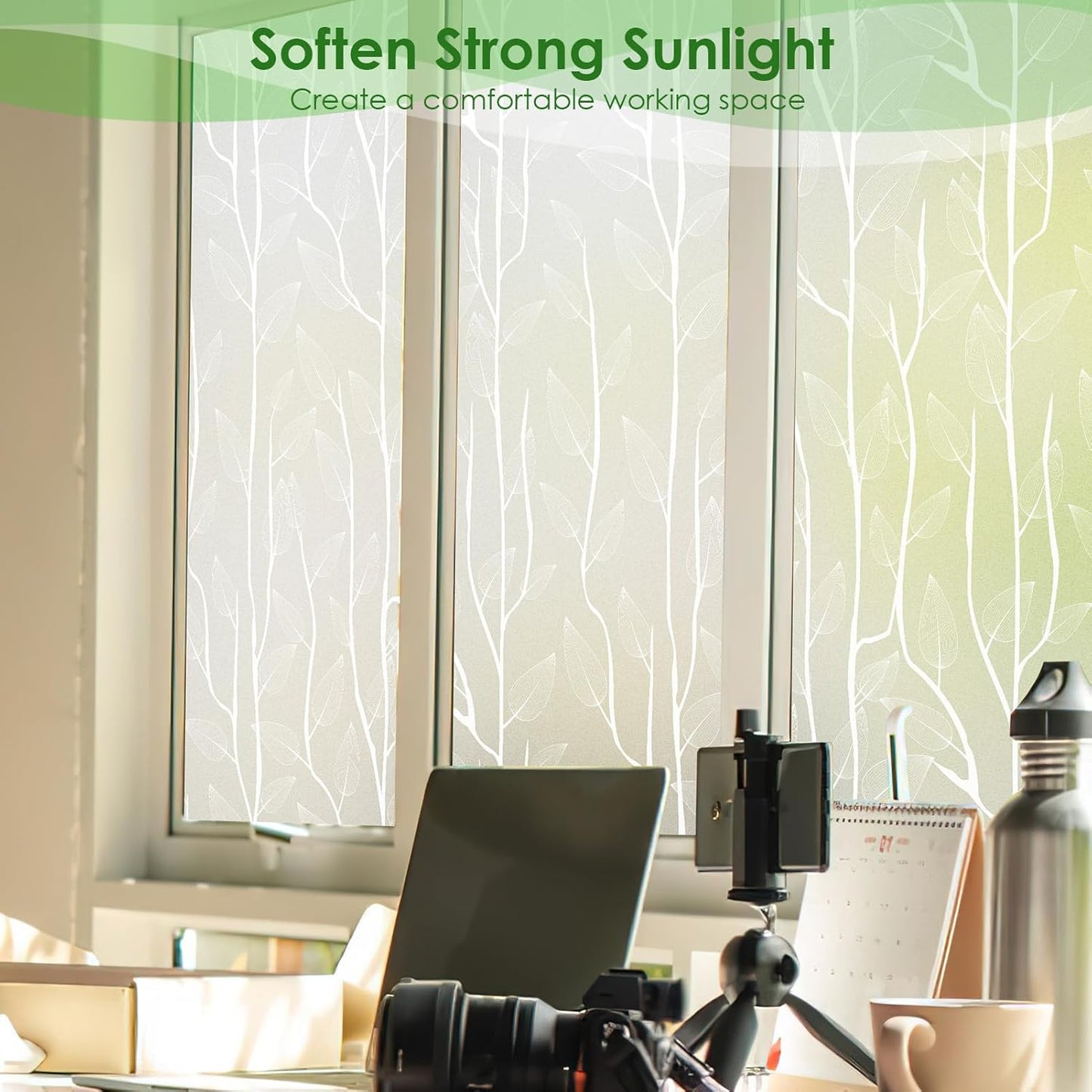 DKTIE Nordic Leaves Window Privacy Film Decorative Stained Glass Sun Blocking Heat Control with Free Installation Tools, Privacy Window Film Day and Night (White, 17.7'' x 78.7'')