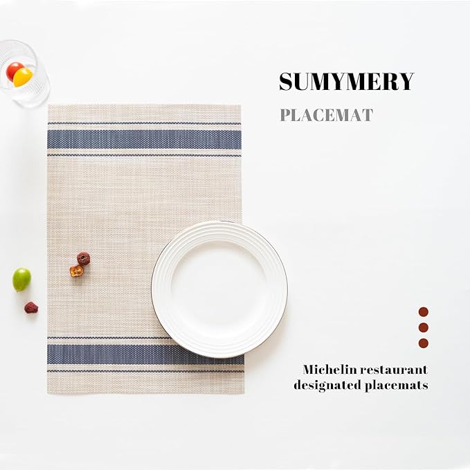 Placemats Set of 8 Vinyl/Plastic Woven Place Mats for Kitchen Table Indoor/Outdoor Washable Placemat Wipeable Dining Table Mats (Khaki Blue,8)
