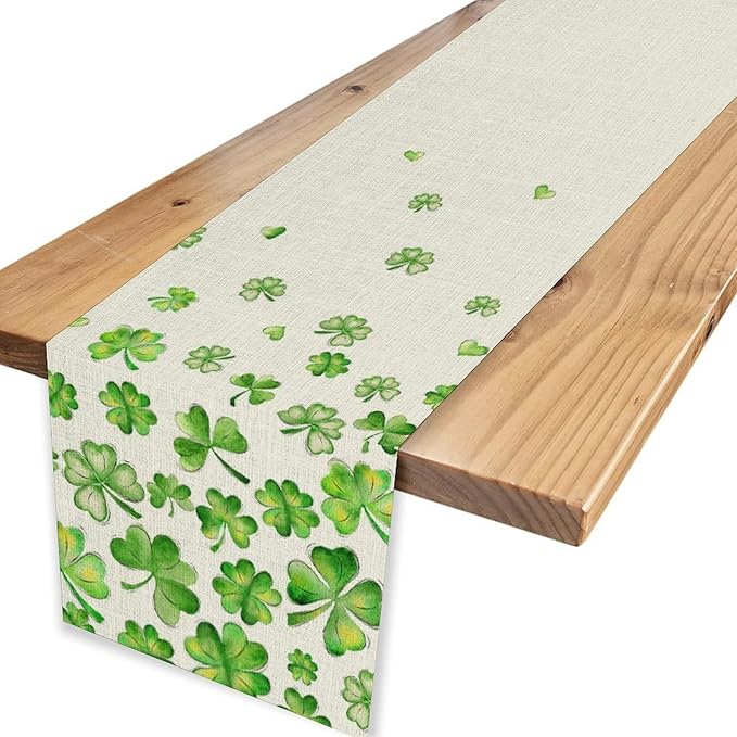 St.Patrick's Day Table Runner,Rustic Green Clover Seasonal Leaves White Green Table Center Decor for Family Kitchen and Living Room Outdoor Farmhouse Party Table Decorations, 13"x36"
