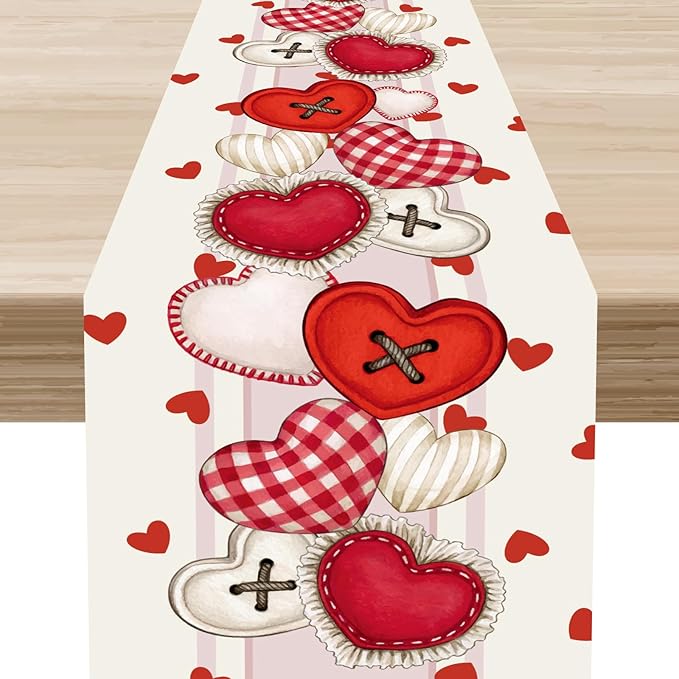 Valentines Day Table Runner,Rustic Red Heart Buttons Runner for Table Seasonal Romantic Decor for Indoor Outdoor Dining Table Decorations, 13"x72"