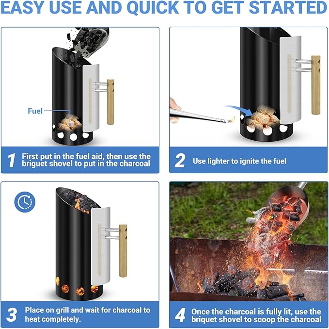 Charcoal Chimney Starter with 11" Briquet Shovel Set, Double Enameled Large Capacity Chimney Starter for Charcoal Grill with Heat Shield & Wood Handle Great Heat Insulation and Easy Grip