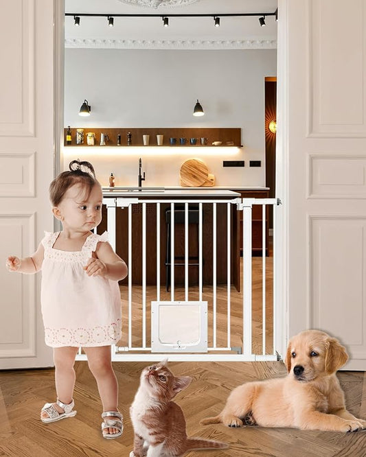 White Extra Wide Baby Gate with Pet Door Automatic Closing 29.5 to 46 Inches Adjustable Pressure Mounted for Doorway Stairs Includes 4 Wall Cups and 3 Extensions Pet Gate Baby Gate Dog Gate Cat Gate