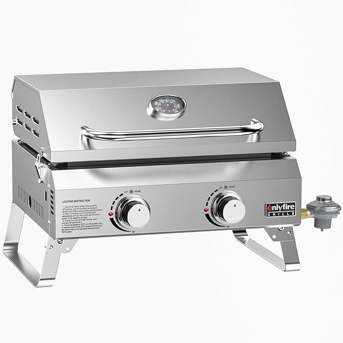 Tabletop Gas Griddle with Lid & Foldable Legs, 2-Burner BBQ Propane Flat Top Griddle, Portable Grill Stove for Outdoor Cooking Patio Party Camping Tailgating RV, Stainless Steel, GS318