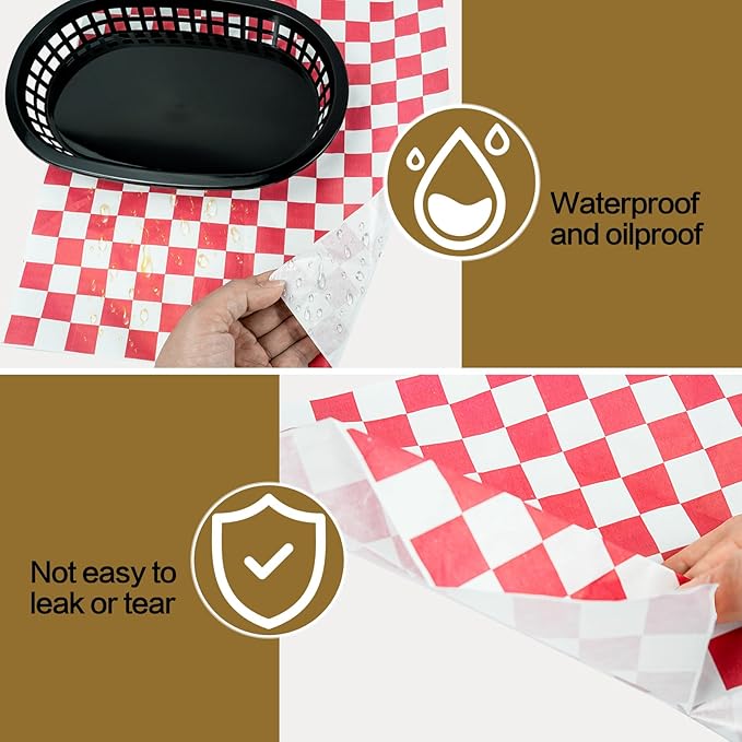 18 Pcs Fast Food Baskets, Black Oval Baskets with 100 Pcs Red Retro Style Checkered Deli Liner, Plastic Food Serving Basket for Hot Dogs, Bread, Fruit, Burgers, Home, Picnic, Restaurants