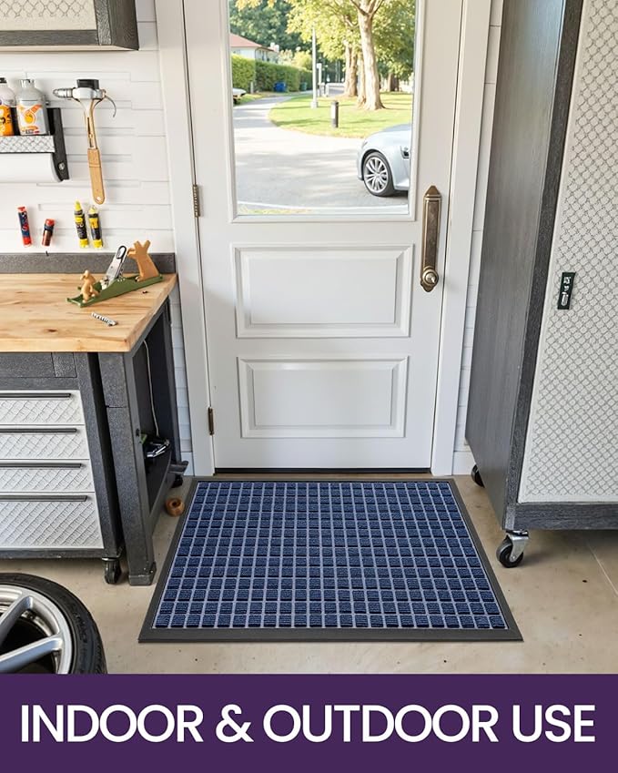 DEXI Front Door Mat Outside Entrance, 2x3 ft Rubber Entry Doormat Heavy Duty, Welcome Mats Non Slip for Inside House Floor Entryway Double Doors Exterior Patio, Checkered Blue