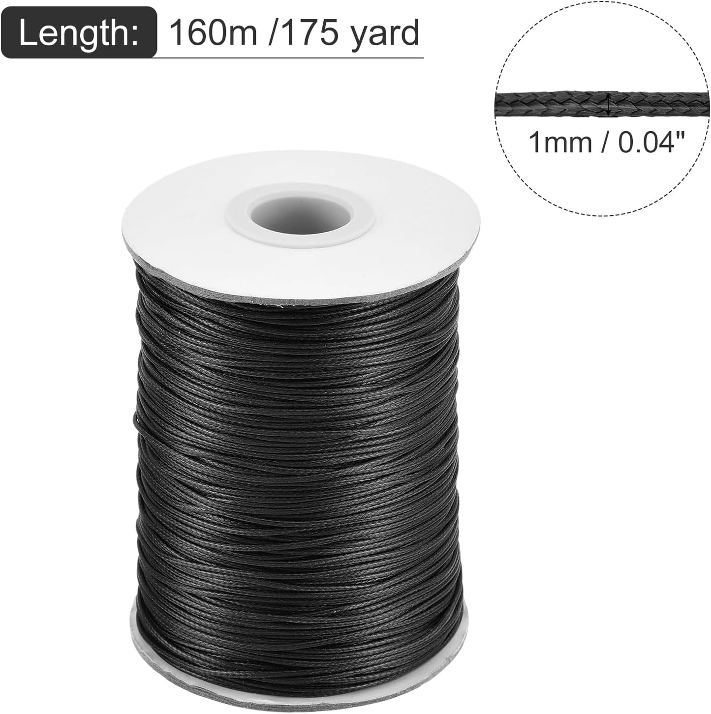 MECCANIXITY Waxed Cord 1mm Waxed Polyester Cord 175 Yard Wax String for Bracelet Making,Necklaces, Beading,Jewelry Making and DIY Crafts(Black)