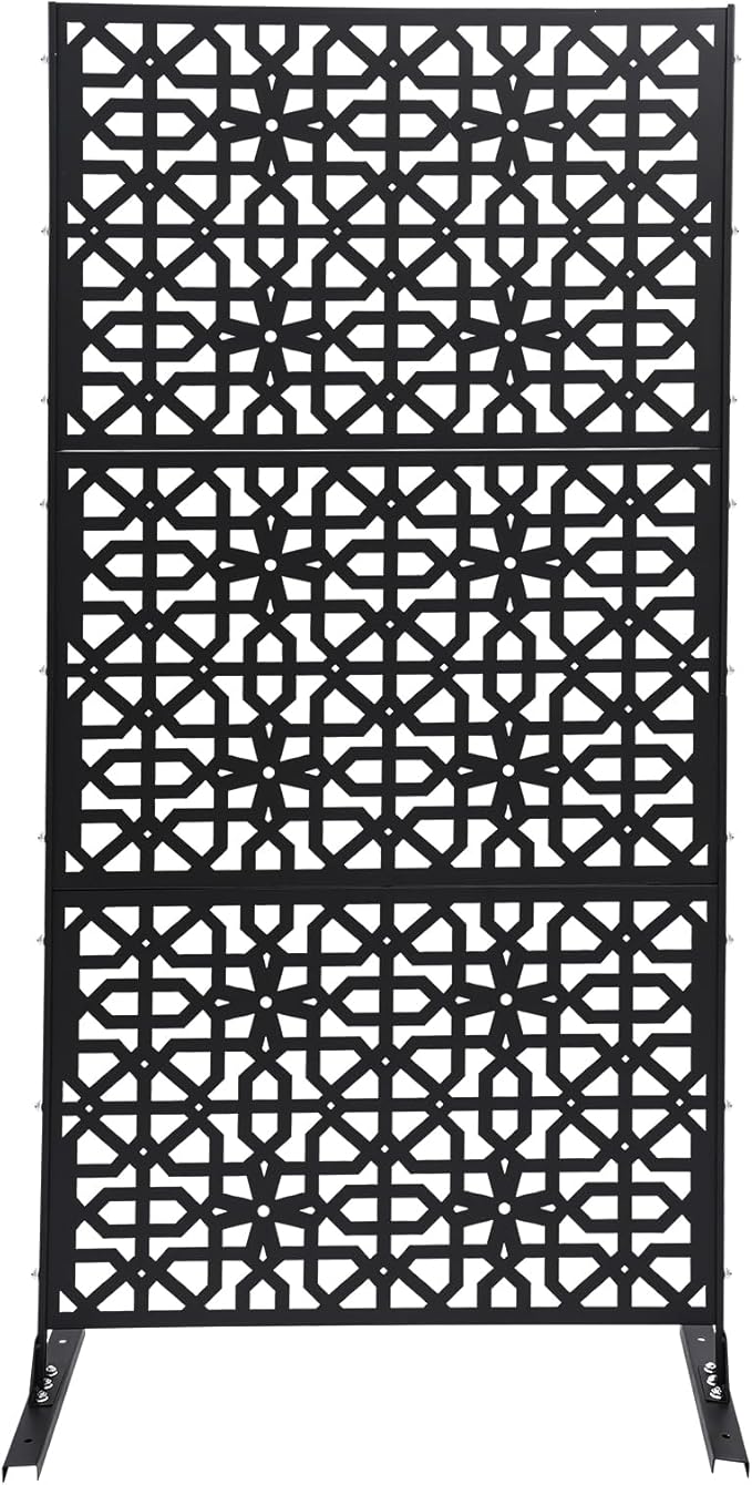 75" H×35" W Decorative Outdoor Privacy Screen with Stand, Outdoor Decor Privacy Fence Screen Metal Fence Panels, Free Standing Metal Divider for Patio Lawn Deck (Black-Knot)