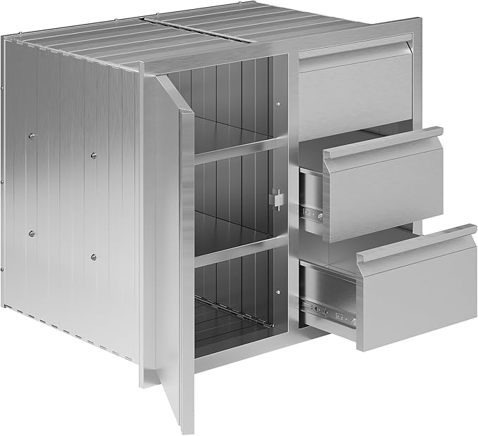 Jocisland Outdoor Kitchen Drawers 28" W×23" D×23" H Stainless Steel Drawers for Outdoor Kitchens, 3-Tier Cabinet & 3-Drawer Combo, Built-in BBQ Island Storage