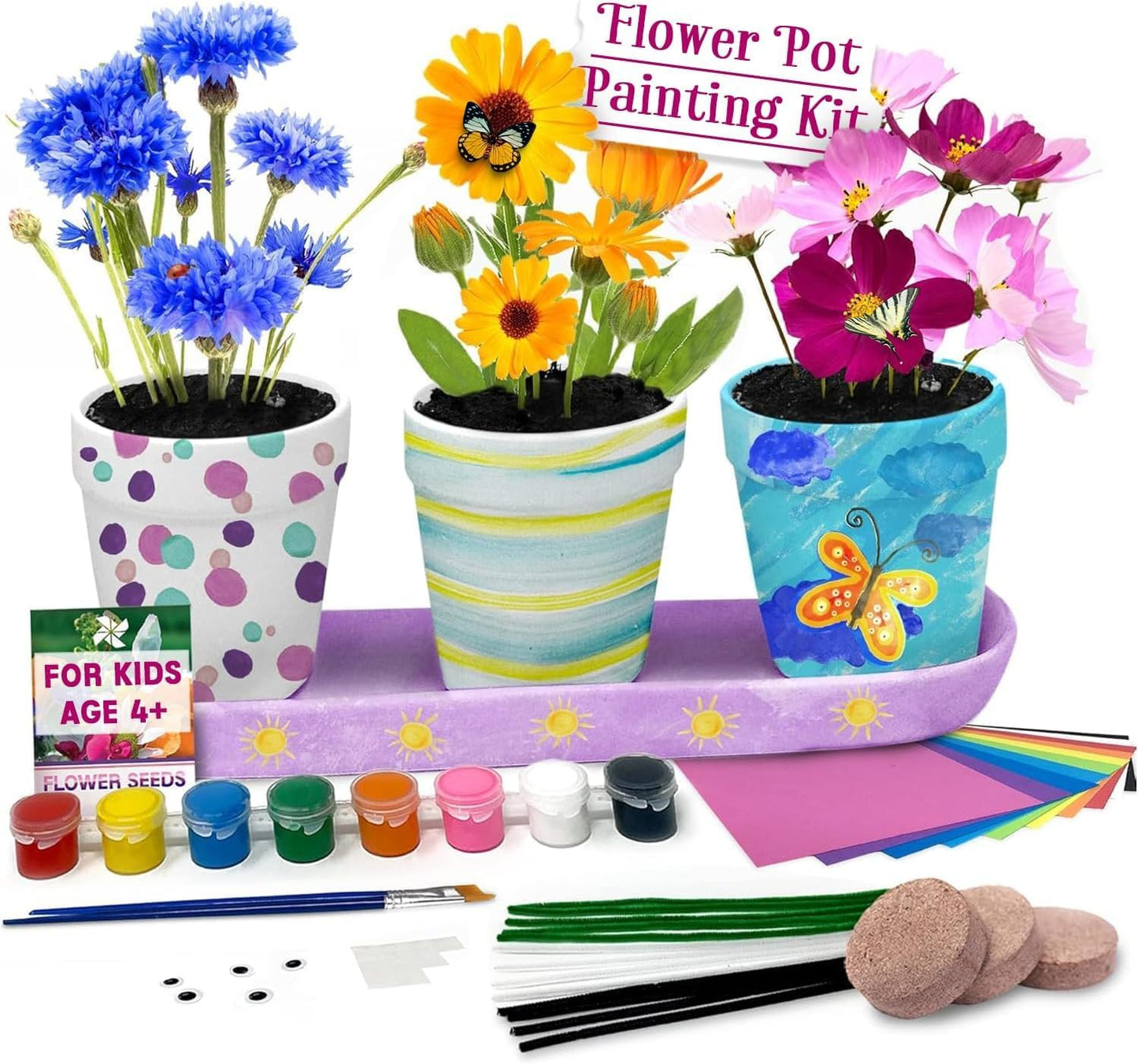 Pinwheel Crafts Flower Pot Painting Kit – Paint Your Own Kids Gardening Set with Seeds, Soil, 8 Paints, 2 Brushes & 3 Pots, DIY Plant Growing Kit for Kids Ages 8-12+, Kid Gardening Set