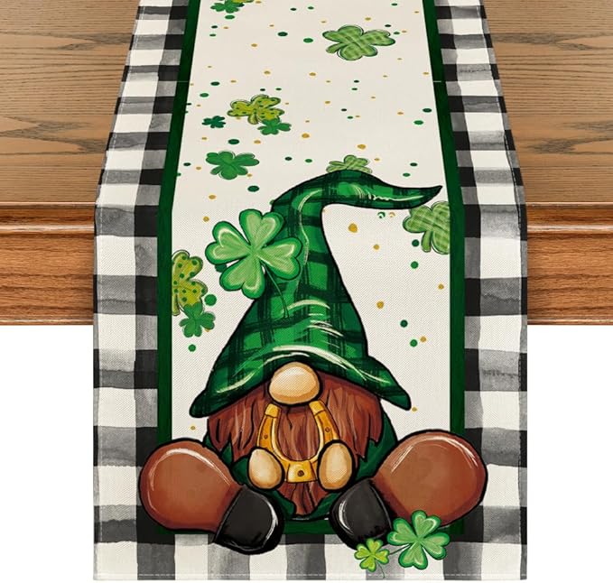 Artoid Mode Buffalo Plaid Shamrock Gnome St. Patrick's Day Table Runner, Seasonal Spring Holiday Kitchen Dining Table Decoration for Indoor Outdoor Home Party Decor 13 x 48 Inch