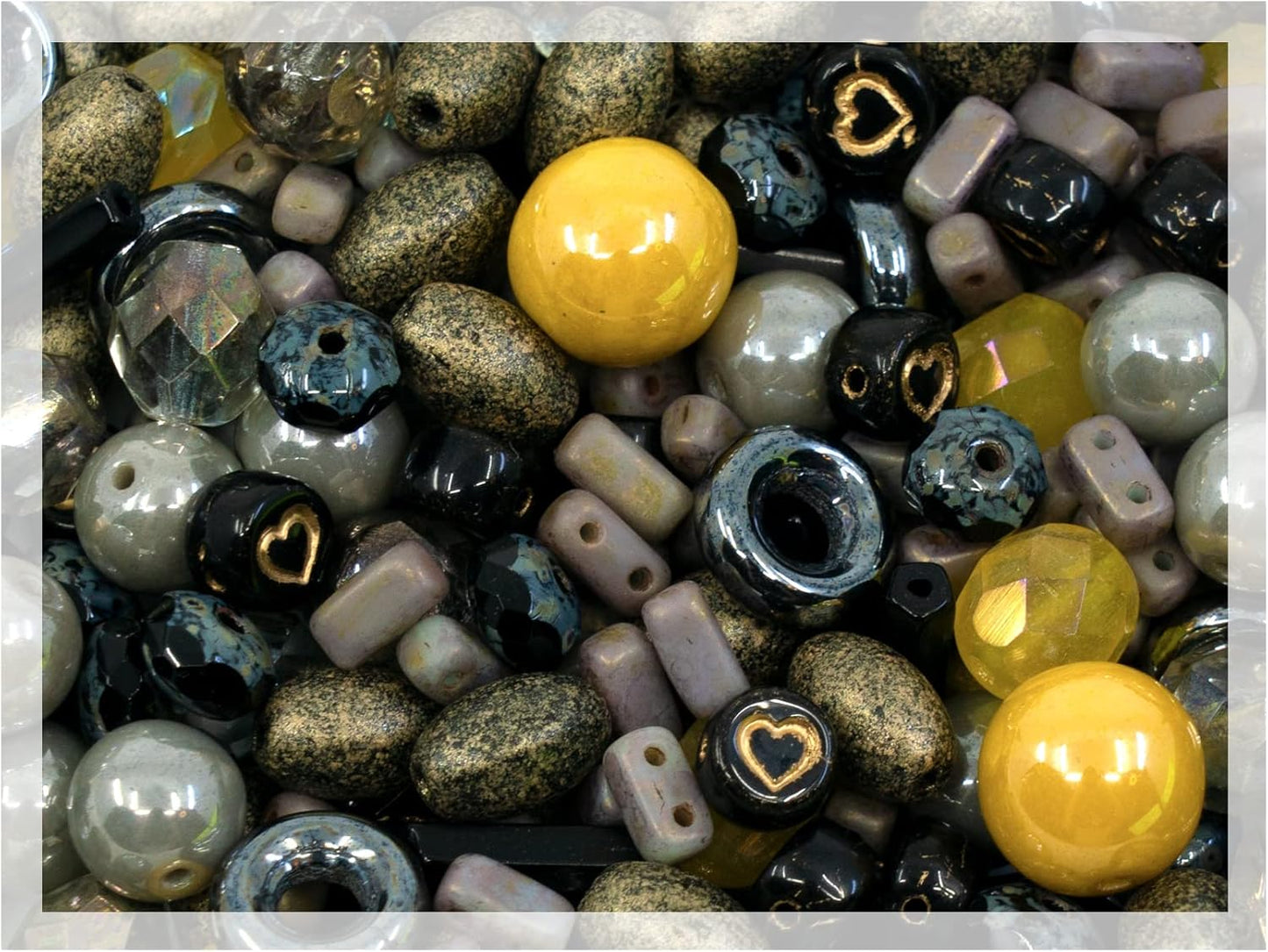 2.1oz (60 g) Mix of Unique Czech Bohemia Glass Pressed Beads, Matte and Glossy, Hand Made, Luster Gray Yellow