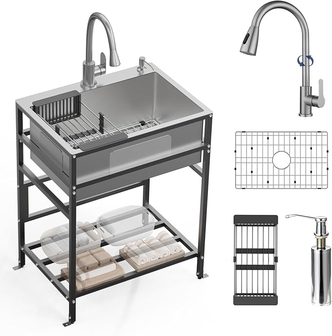 Utility Sink, 25x18 Inch Stainless Steel Freestanding Laundry Sink Practicality With Accessories-Kitchen Faucet,Soap Dispenser, SS Sink Grid, Colander For Laundry,Garage,Outdoor Kitchen,Garden...