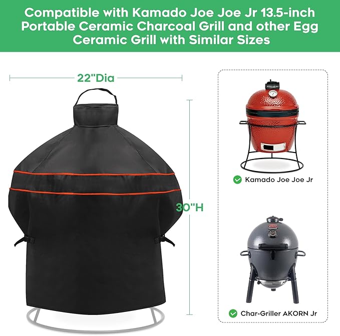 Heavy-Duty 600D BBQ Grill Cover fit for Kamado Joe Joe Jr 13.5-inch Portable Ceramic Charcoal Grill and Other Egg Ceramic Grill with Similar Sizes, 22" Dia x 30" H