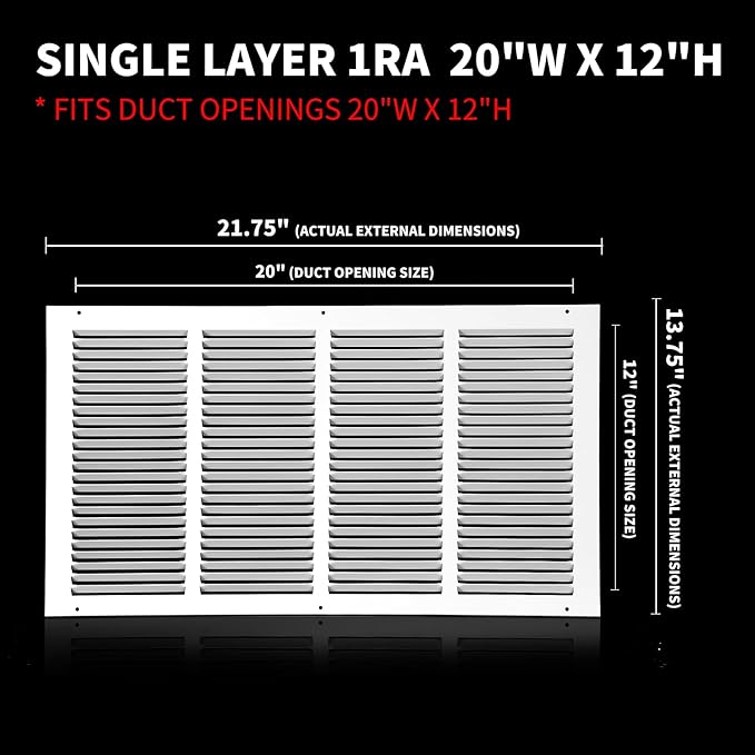 20x12 Return Air Grille(Duct Opening Size),Air Return Vent Cover,Flat Vent Cover,Rejillas De Aire Acondicionado para Casa,Return Air Grilles,Outer Dimensions:21.75"Wx13.75"H(20"Wx12"H, Duct Opening)