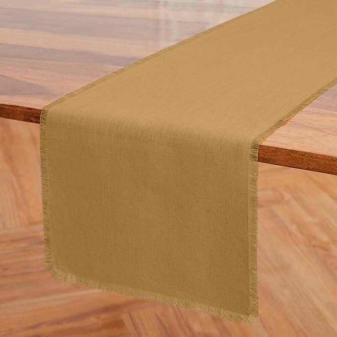 Solino Home Fringe Linen Table Runner 108 Inches Long - 100% Pure Linen Camel Dining Table Runner 14 x 108 Inch