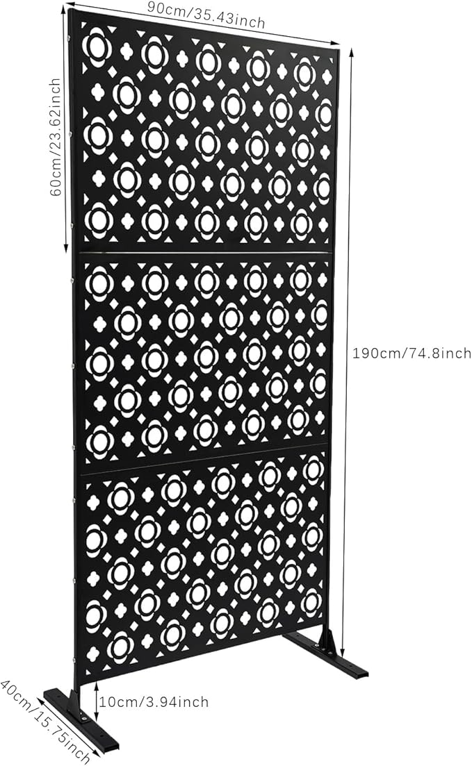 75" H×35" W Decorative Outdoor Privacy Screen with Stand, Outdoor Decor Privacy Fence Screen Metal Fence Panels, Free Standing Metal Divider for Patio Lawn Deck (Black-Small Plum Blossom)