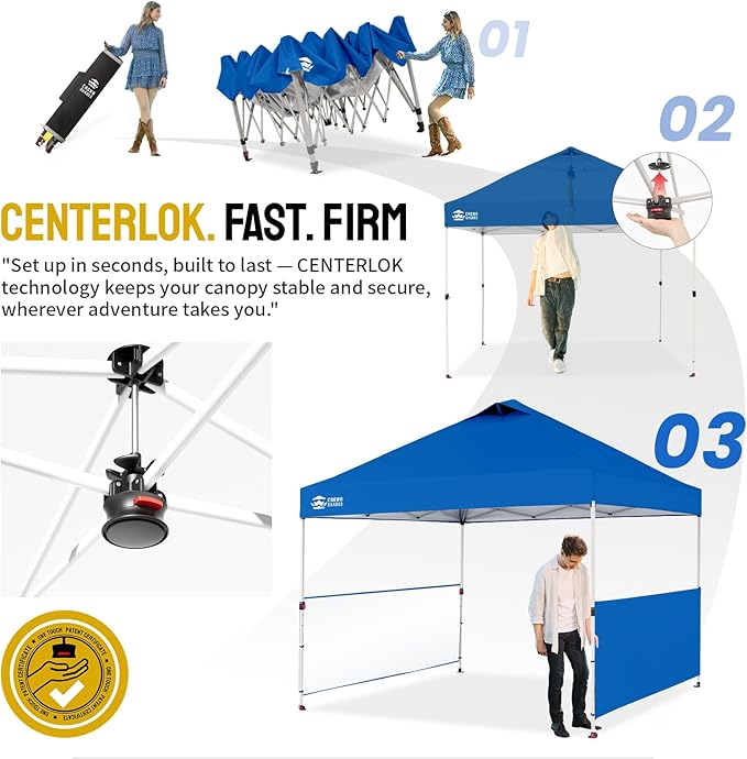 CROWN SHADES Canopy Tent, 10 x 10 Foot Portable Pop Up Outdoor Shelter with 2 Half Sidewalls, 1 Push Center Lock, UV Protection, and Carry Bag, Blue