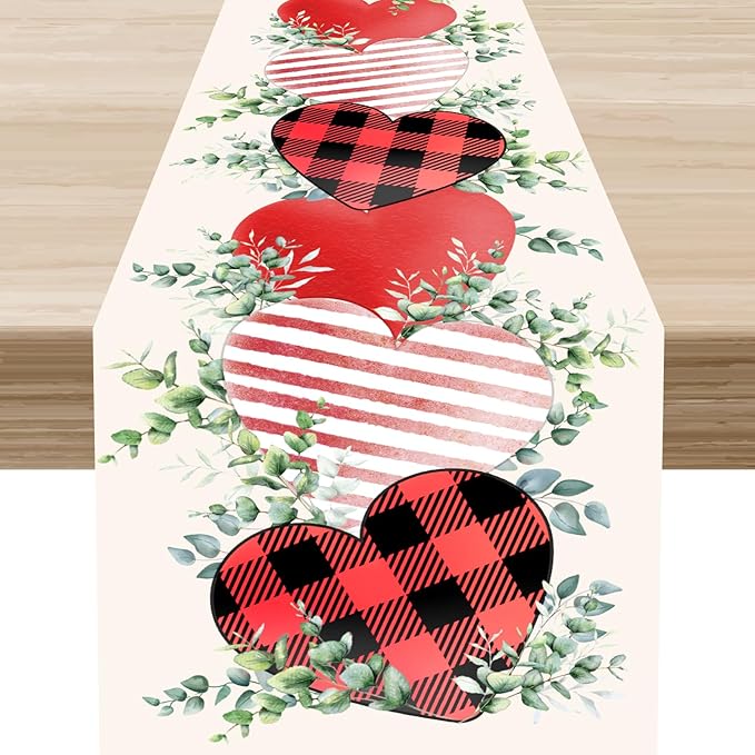 Valentines Day Table Runner,Vintage Rustic Sweet Heart Leaves Valentines Day Buffalo Plaid Runner for Table Seasonal Fresh Decor for Indoor Outdoor Dining Table Decorations, 13"x72"