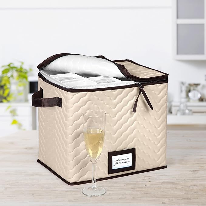 Wine Glass Storage Box with Dividers - Stemware Storage Case, Durable Quilted Microfiber Bin with Carry Handles, Protects Fine China - (1 Pack, Champagne Flute)