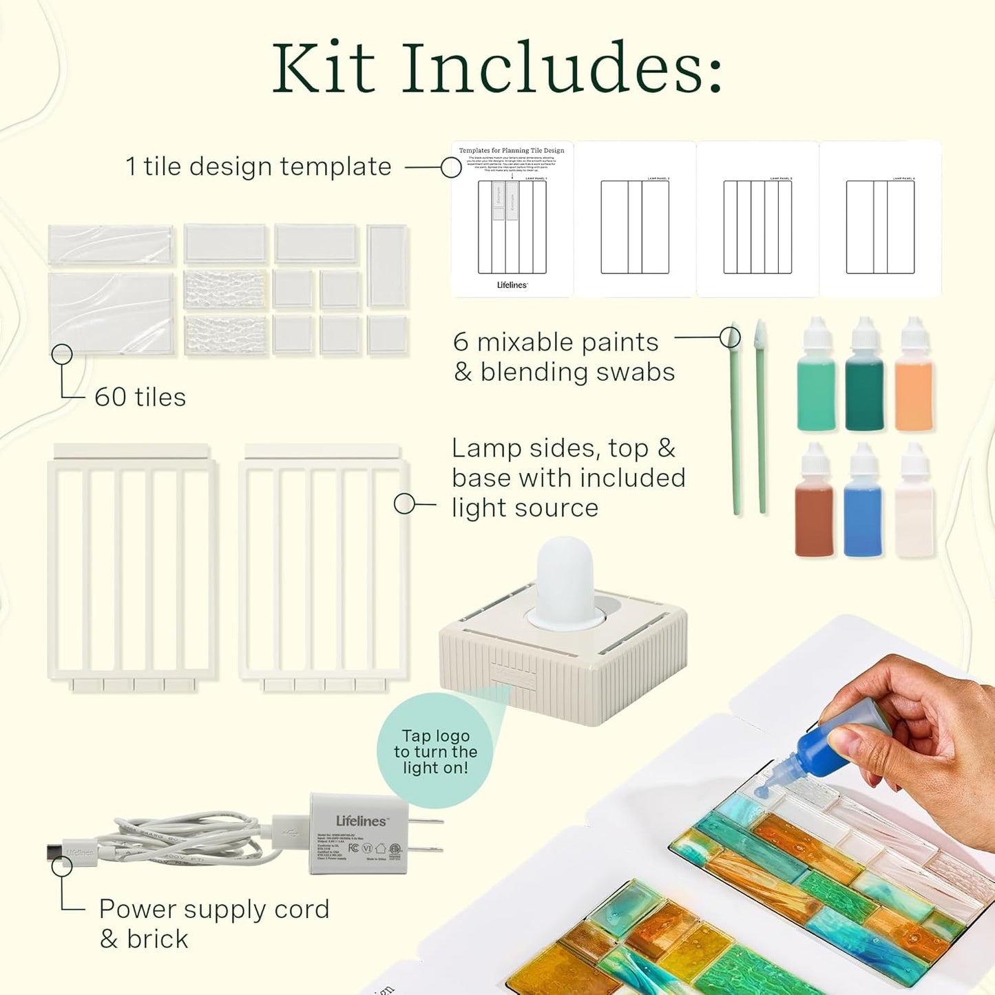 Lifelines FlowCrafts, Decorative Tile Lamp - Customize a Functional Lamp with 60 Tiles, 6 Mixable Paint Colors & Light Source Included - Sensory Arts & Crafts Kit for Teens & Adults