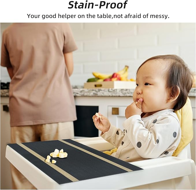 Luxurious Placemats Set of 8,Vinyl Table Place Mats Stain Resistant Foldable Placemats Washable Wipeable Placemat for Kitchen Dining Table Decoration Indoor Outdoor (Black)